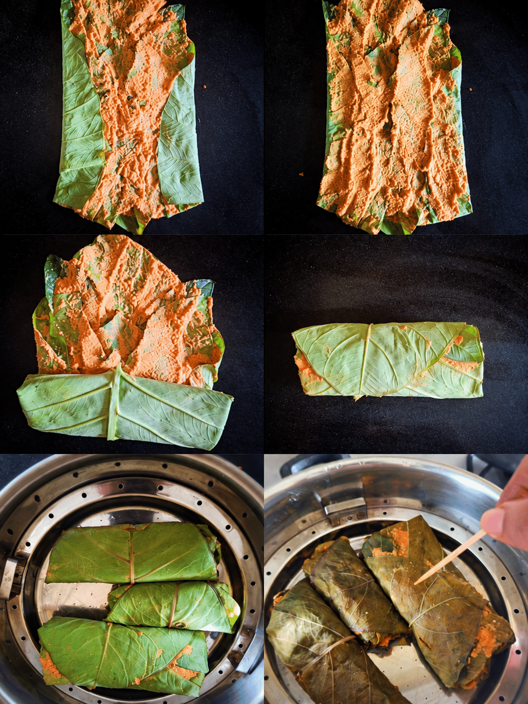 Folding the layered leaves and steaming Pathrode rolls